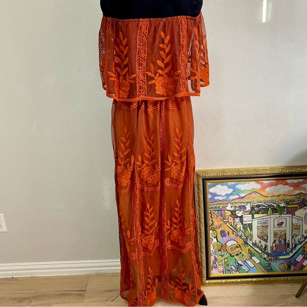 Baltic Born Leon‎ Off Shoulder Maxi Dress Rust Size Small Wedding Guest Tulle - Picture 6 of 13
